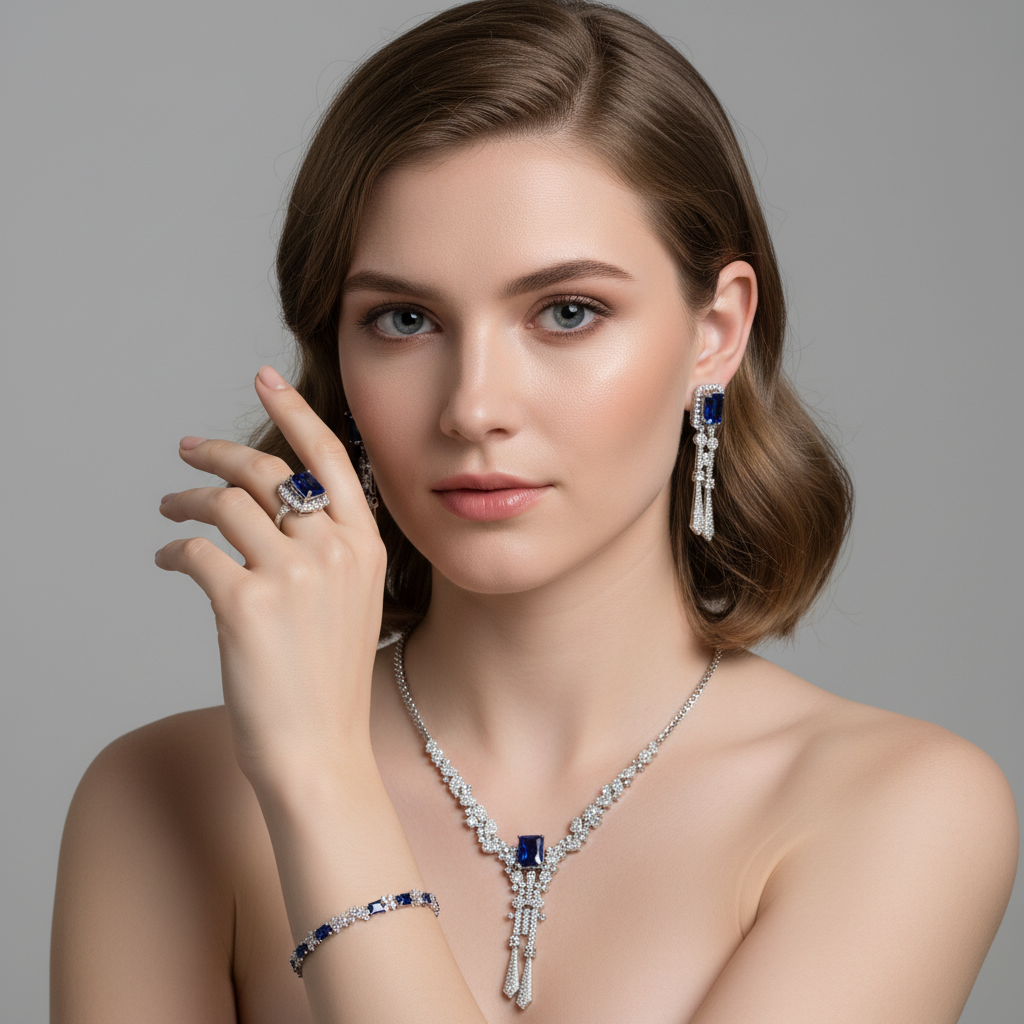 Luxury Rhodium-Plated Copper & CZ Jewelry Set with Red Gemstone Focal Points and All-Over Crystal Accents