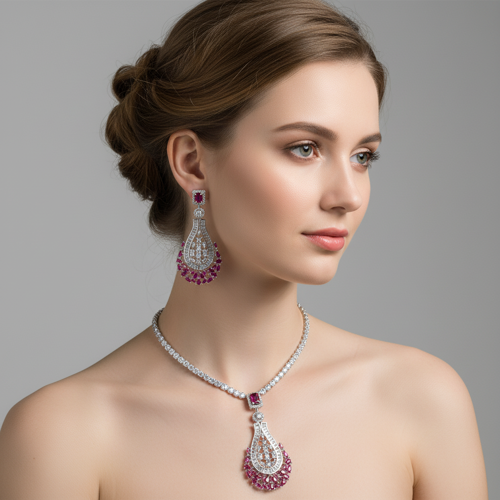 Elegant Rhodium-Plated Copper CZ Necklace & Earring Set with Multi-Color Gemstone Pendant & Crystal Halo Detailing