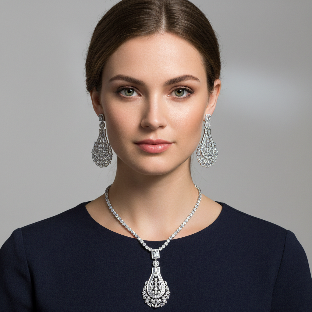 Elegant Rhodium-Plated Copper CZ Necklace & Earring Set with Multi-Color Gemstone Pendant & Crystal Halo Detailing