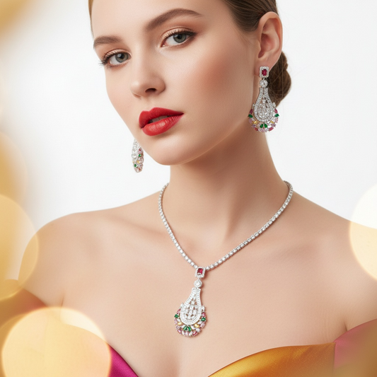 Elegant Rhodium-Plated Copper CZ Necklace & Earring Set with Multi-Color Gemstone Pendant & Crystal Halo Detailing