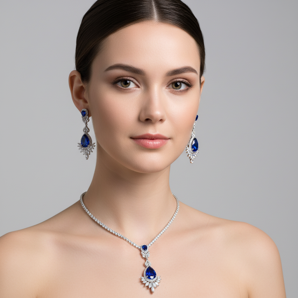 Elegant Rhodium-Plated Copper Zircon Jewelry Set with Pear-Shaped Yellow Centerpiece & Crystal Halo Detailing