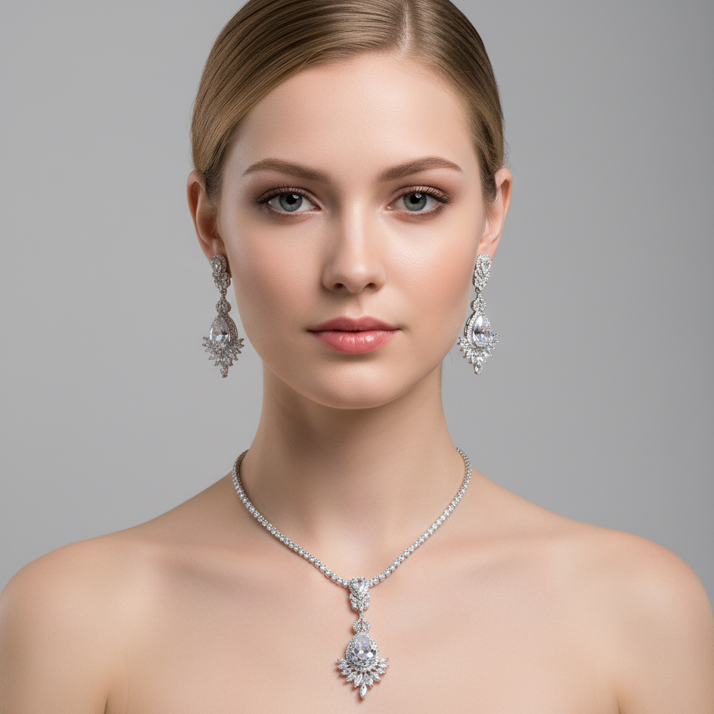 Elegant Rhodium-Plated Copper Zircon Jewelry Set with Pear-Shaped Yellow Centerpiece & Crystal Halo Detailing