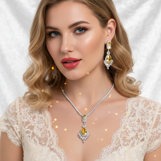 Elegant Rhodium-Plated Copper Zircon Jewelry Set with Pear-Shaped Yellow Centerpiece & Crystal Halo Detailing