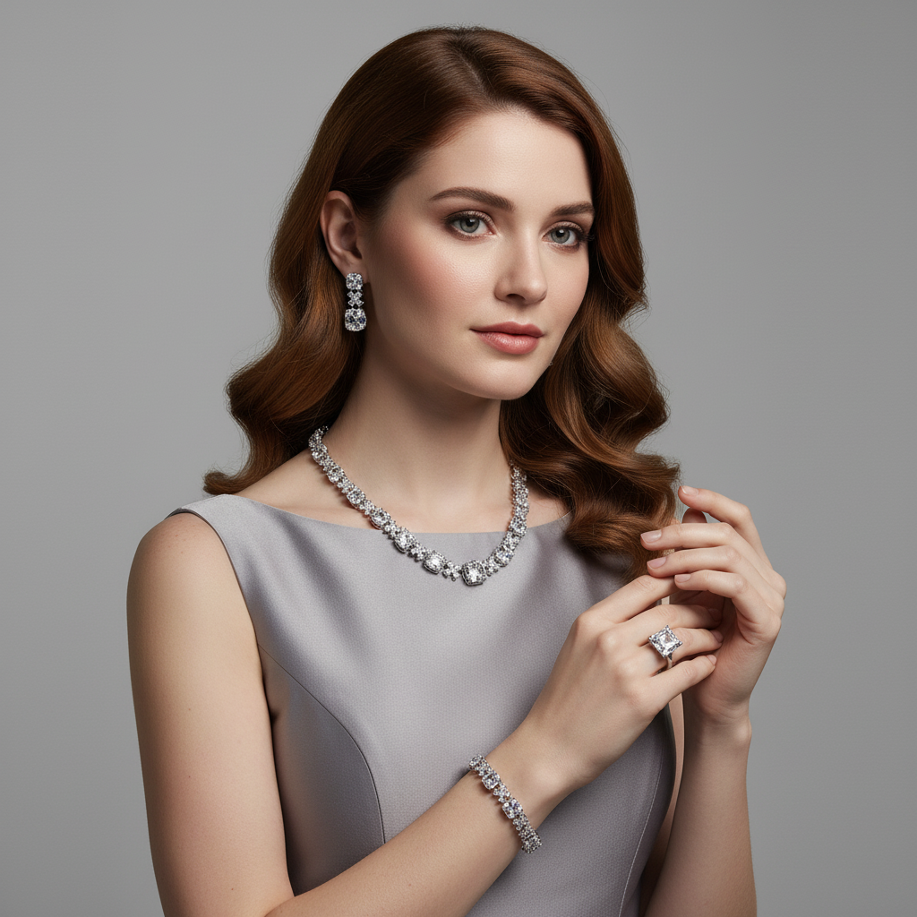 Elegant Rhodium-Plated Copper & CZ Jewelry Set with Emerald Green Zircon Accents and Diamond-Cut Detailing