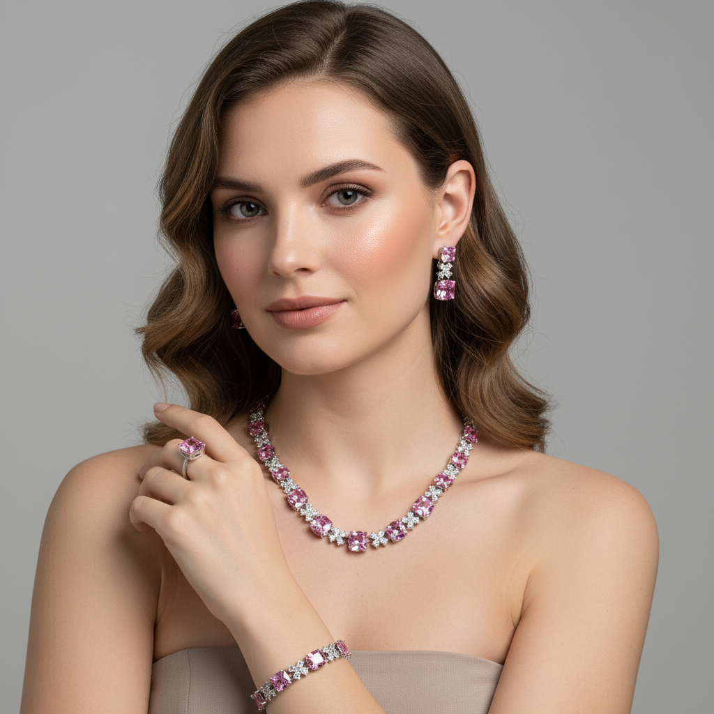 Elegant Rhodium-Plated Copper & CZ Jewelry Set with Emerald Green Zircon Accents and Diamond-Cut Detailing