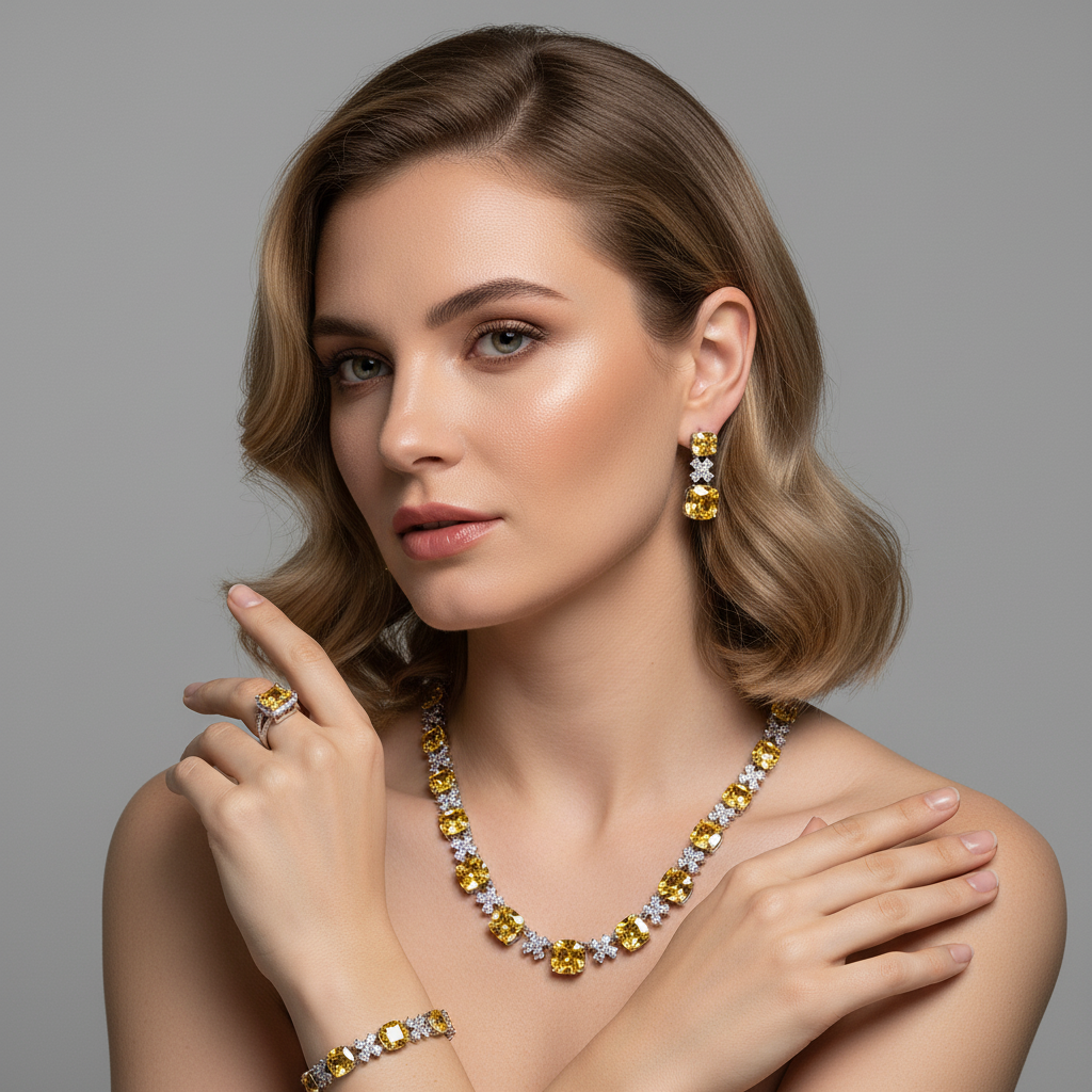 Elegant Rhodium-Plated Copper & CZ Jewelry Set with Emerald Green Zircon Accents and Diamond-Cut Detailing