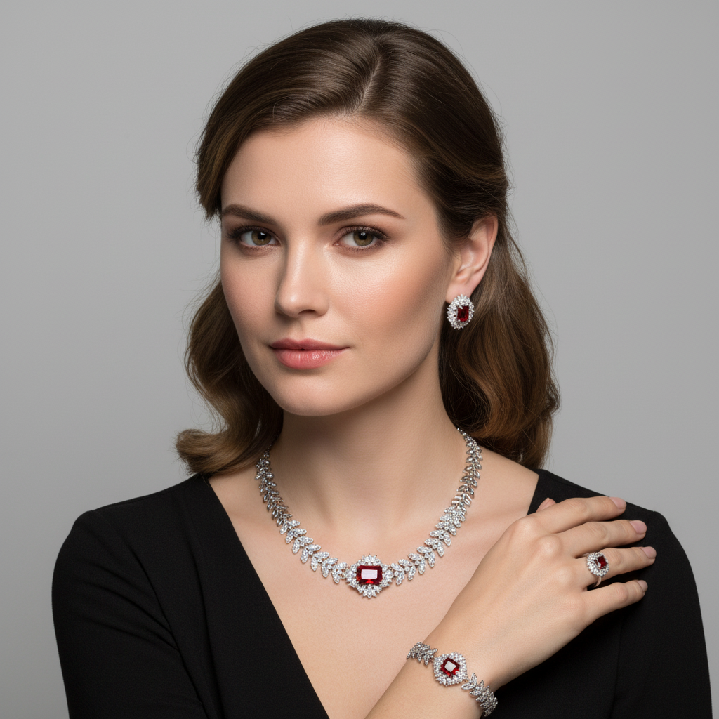 Elegant Rhodium-Plated Copper & CZ Jewelry Set with Emerald Green Zircon Accents and Leaf Motif Design