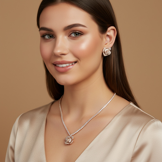 Luxury Rose Gold-Plated Copper Rose Jewelry Set with Pink Cubic Zirconia and Micro-Pave Setting