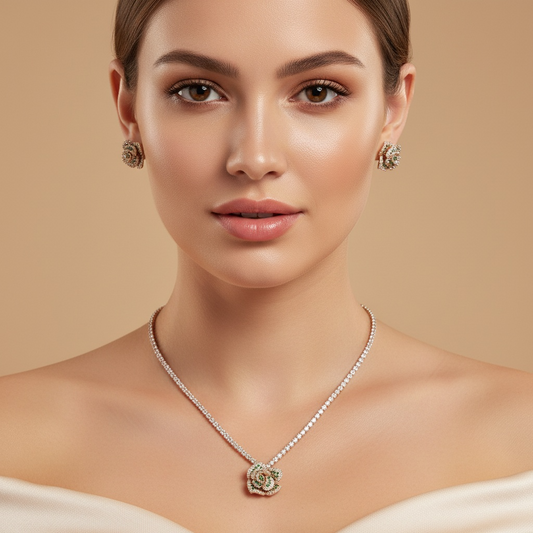 Sparkly Rose Pendant Charms Dangling Necklace Earring Bracelet Rings Sets Women Party Gift