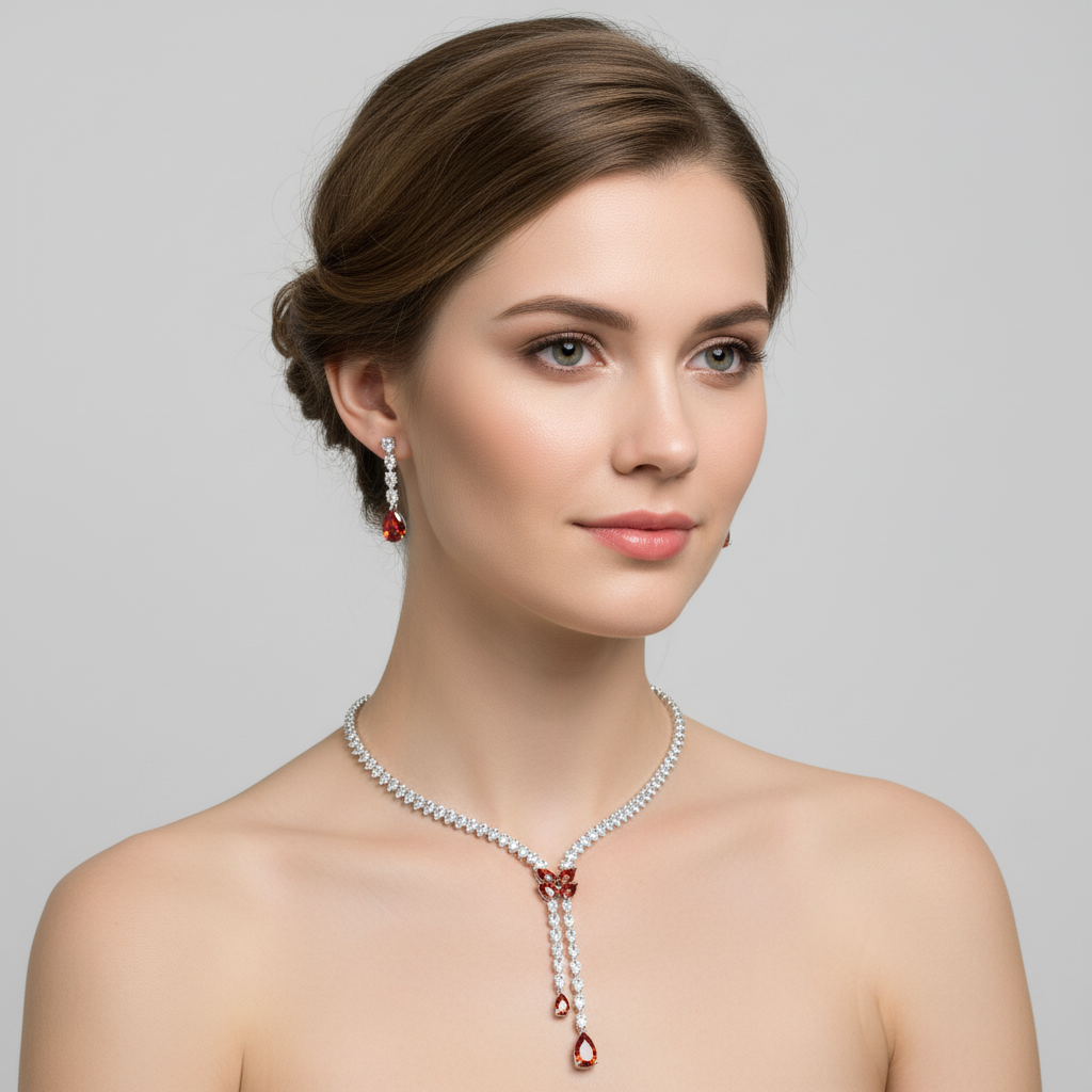 Elegant Rhodium-Plated Copper CZ Necklace & Earring Set with Pear-Shaped Green Gemstone Drops