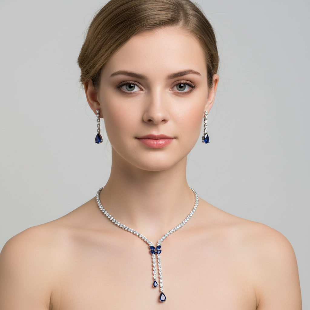 Elegant Rhodium-Plated Copper CZ Necklace & Earring Set with Pear-Shaped Green Gemstone Drops