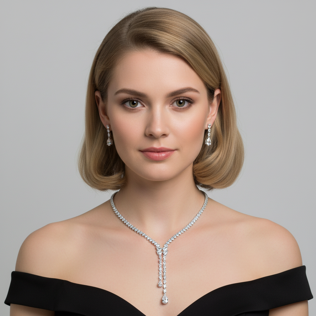 Elegant Rhodium-Plated Copper CZ Necklace & Earring Set with Pear-Shaped Green Gemstone Drops