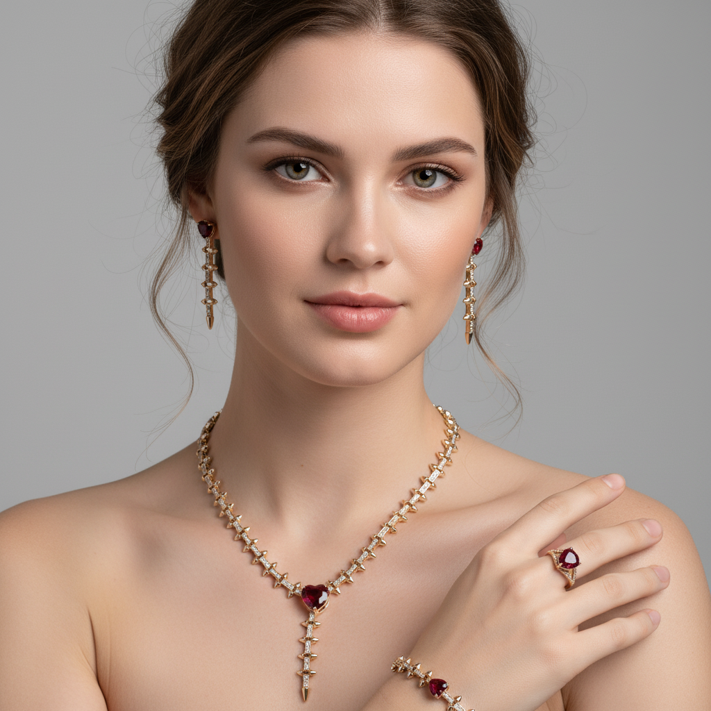 Luxury 14K Gold-Plated Copper & CZ Jewelry Set with Heart-Shaped Emerald Green Gems and Diamond Accents