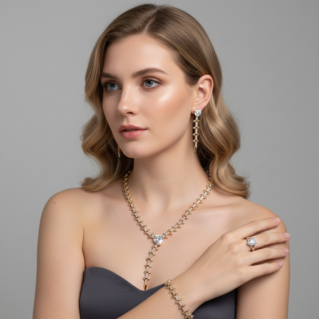 Luxury 14K Gold-Plated Copper & CZ Jewelry Set with Heart-Shaped Emerald Green Gems and Diamond Accents