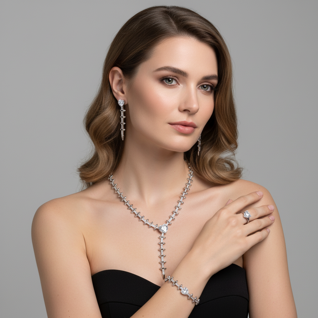 Luxury 14K Gold-Plated Copper & CZ Jewelry Set with Heart-Shaped Emerald Green Gems and Diamond Accents