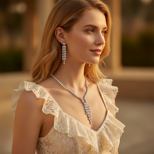 Luxurious Full Crystal Sequin Dangling Tassel Long Charming Necklace Earring Sets