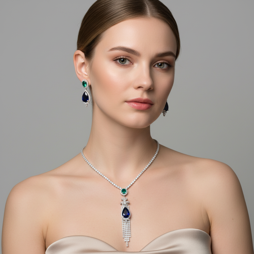 Elegant White Gold-Plated Copper Zircon Set with Red Gemstone Pendant and Crystal Fringe Detailing