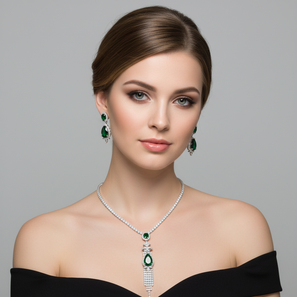 Elegant White Gold-Plated Copper Zircon Set with Red Gemstone Pendant and Crystal Fringe Detailing