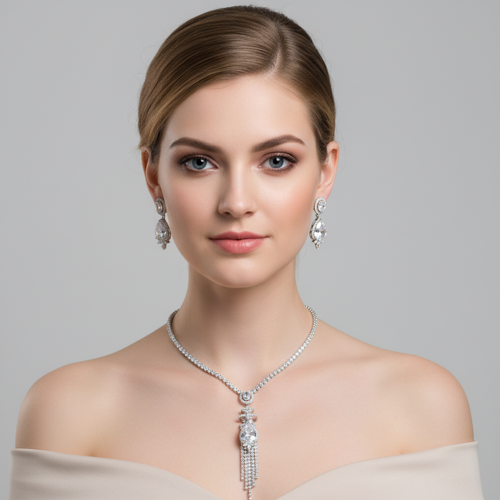 Elegant White Gold-Plated Copper Zircon Set with Red Gemstone Pendant and Crystal Fringe Detailing