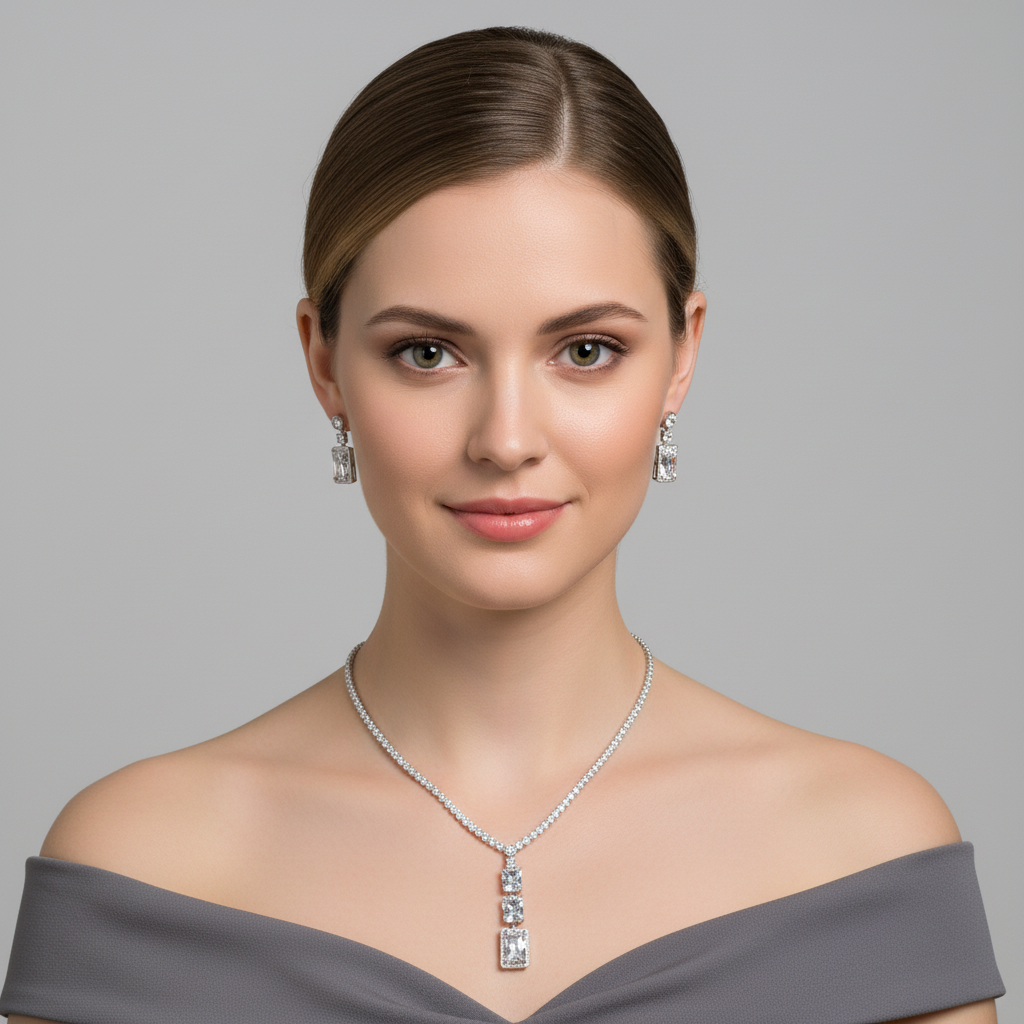 Luxury 14K Gold-Plated Copper CZ Necklace & Earrings Set with Emerald Green Centerpiece and Diamond-Cut Accents