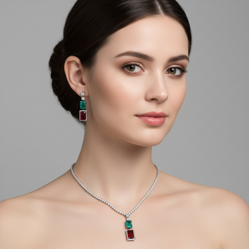 Luxury 14K Gold-Plated Copper CZ Necklace & Earrings Set with Emerald Green Centerpiece and Diamond-Cut Accents
