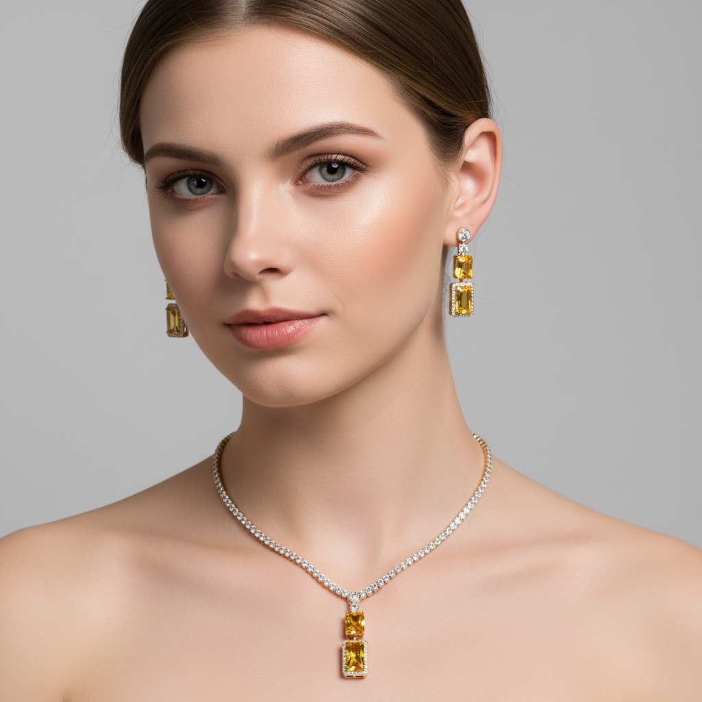 Luxury 14K Gold-Plated Copper CZ Necklace & Earrings Set with Emerald Green Centerpiece and Diamond-Cut Accents
