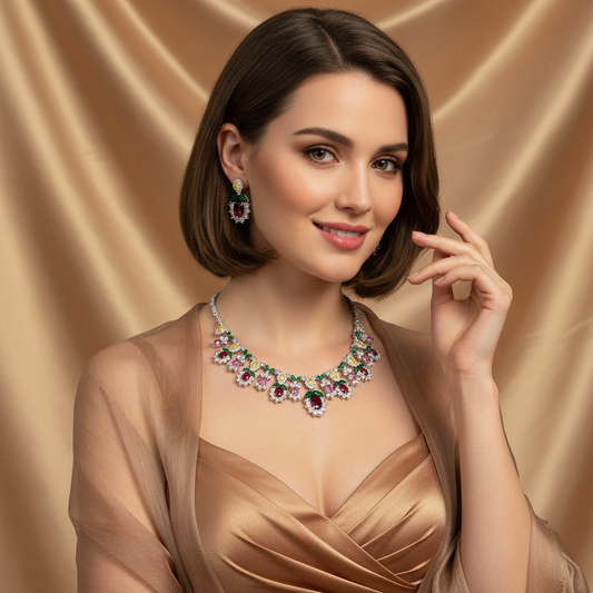 Luxury Chunky Multi Colorful Zircon Brass Sparkly Necklace Earring Sets For Women Wedding Jewelry Accessories