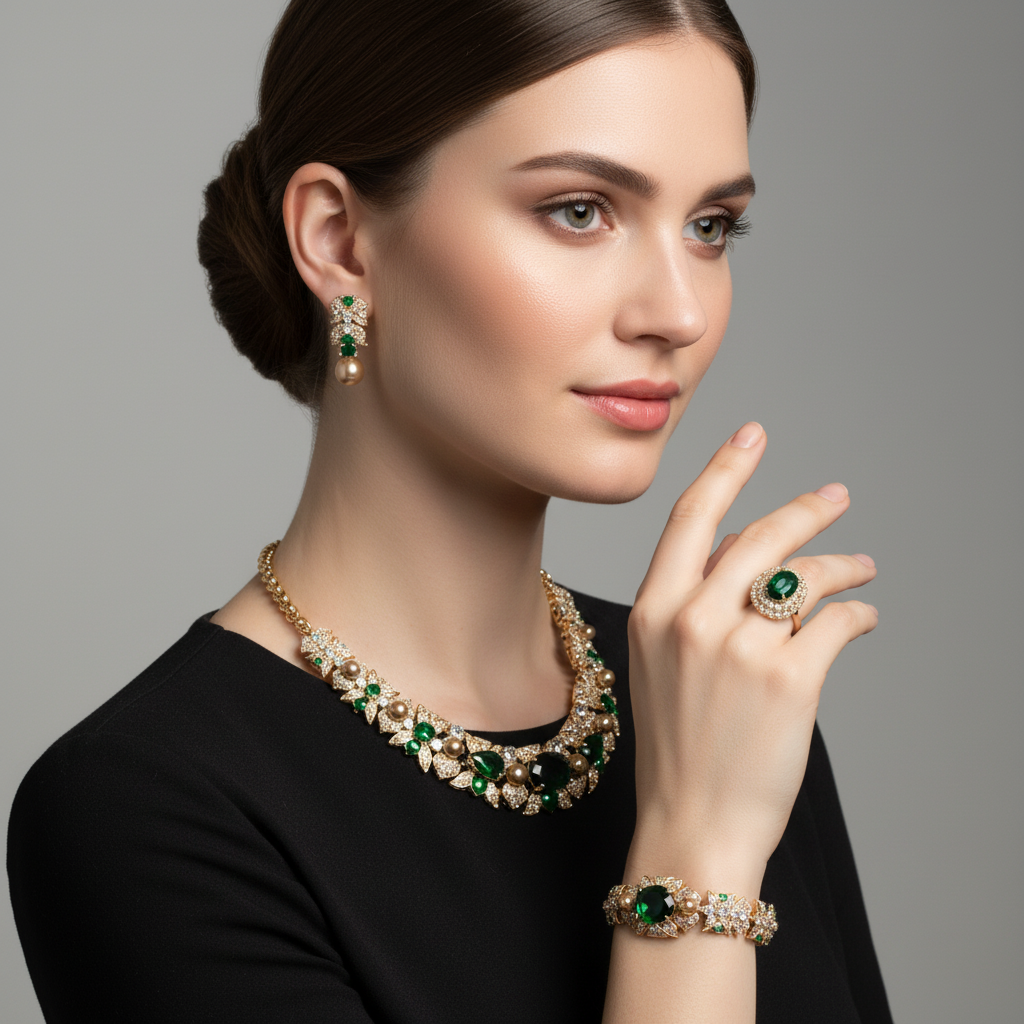 Luxury 14K Gold-Plated Copper & CZ Jewelry Set with Red Gemstone Accents and Matching 4-Piece Collection