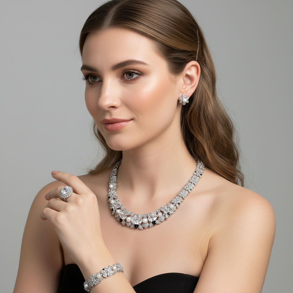 Luxury 14K Gold-Plated Copper & CZ Jewelry Set with Red Gemstone Accents and Matching 4-Piece Collection