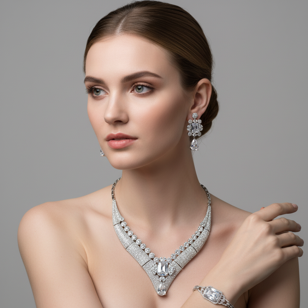 Luxury 14K Gold-Plated Copper & CZ Set with Emerald Green Gemstones and V-Necklace Design