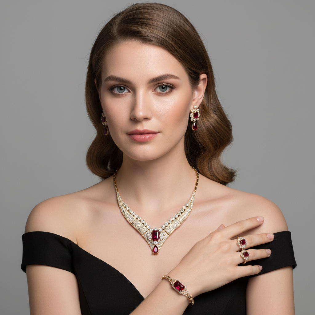 Luxury 14K Gold-Plated Copper & CZ Set with Emerald Green Gemstones and V-Necklace Design