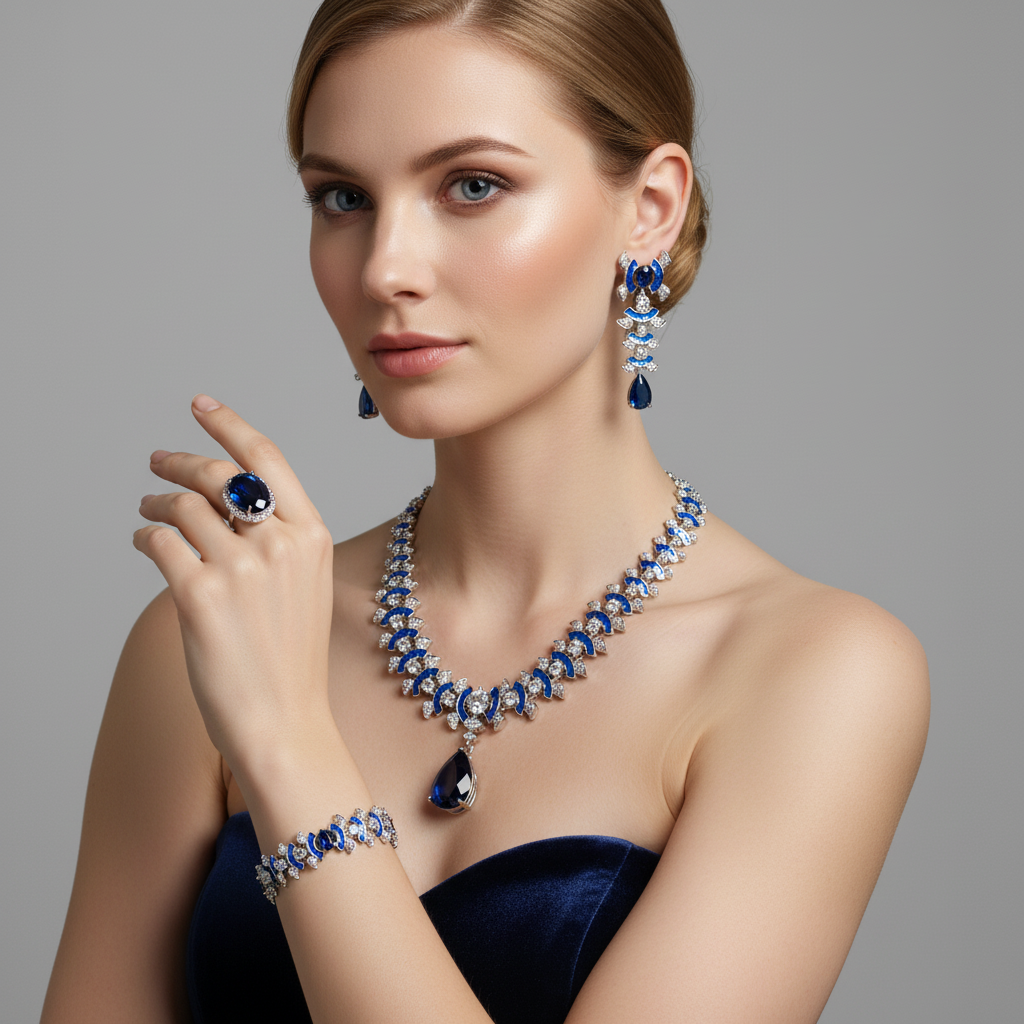 Elegant Rhodium-Plated Copper & CZ Jewelry Set with Red Zircon Focal Points and All-Over Crystal Accents
