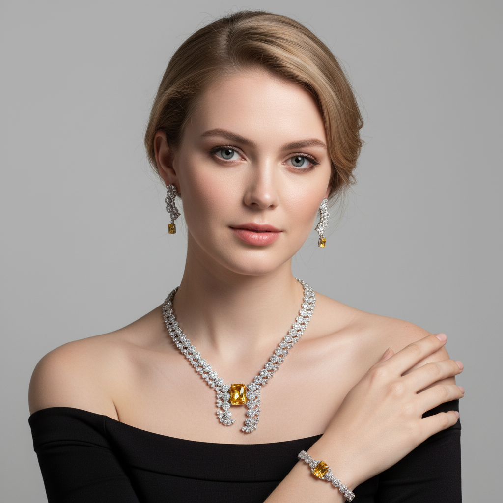 Elegant Rhodium-Plated Copper & CZ Jewelry Set with Red Gemstone Focal Points and All-Over Crystal Accents