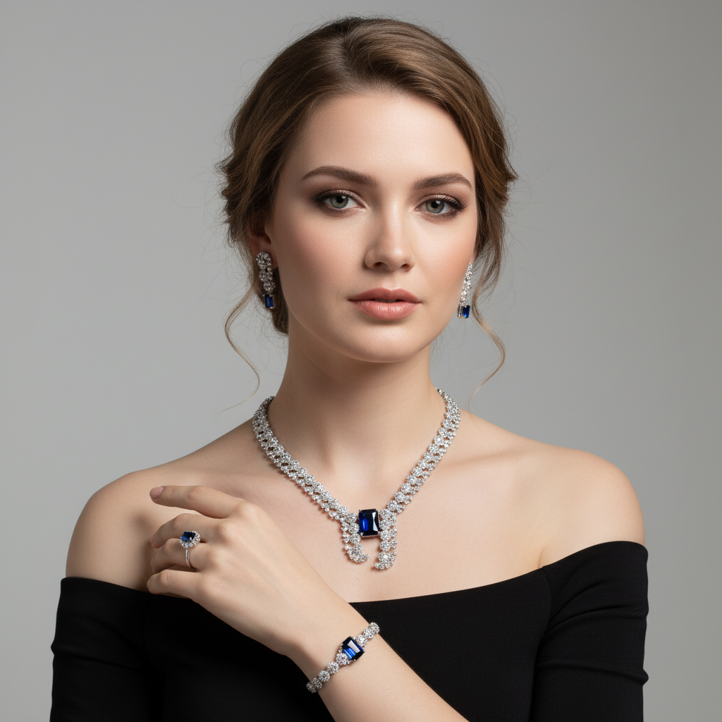 Elegant Rhodium-Plated Copper & CZ Jewelry Set with Red Gemstone Focal Points and All-Over Crystal Accents
