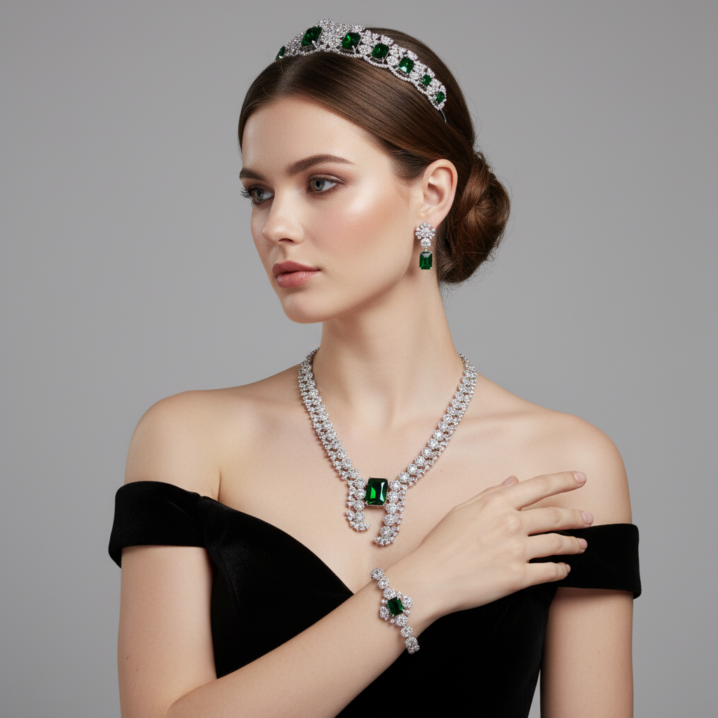 Elegant Rhodium-Plated Copper & CZ Jewelry Set with Red Gemstone Focal Points and All-Over Crystal Accents