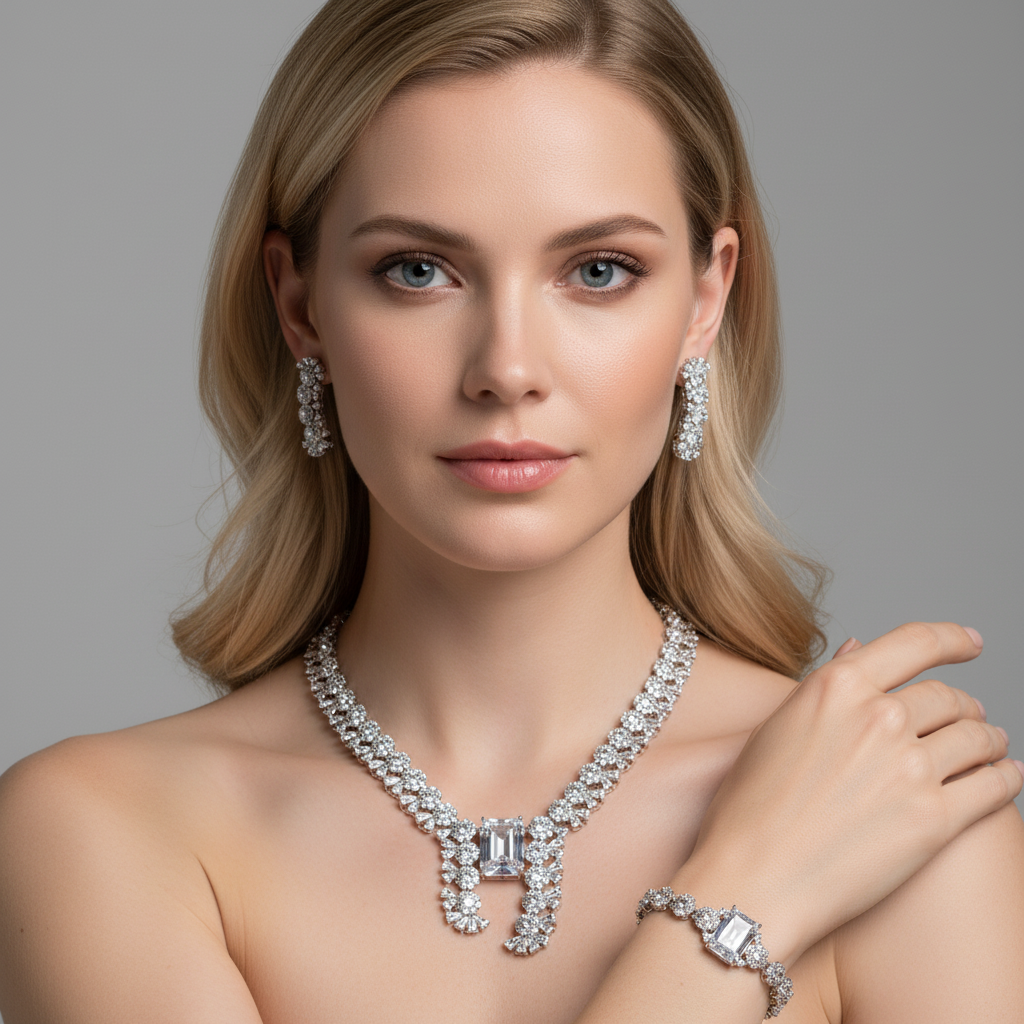 Elegant Rhodium-Plated Copper & CZ Jewelry Set with Red Gemstone Focal Points and All-Over Crystal Accents