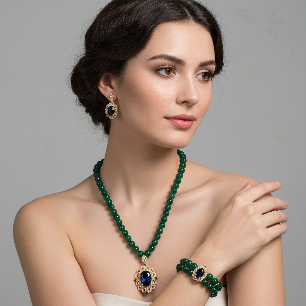Luxury 14K Gold-Plated Copper Zircon Jewelry Set with Emerald Beads & Ruby Focal Gems