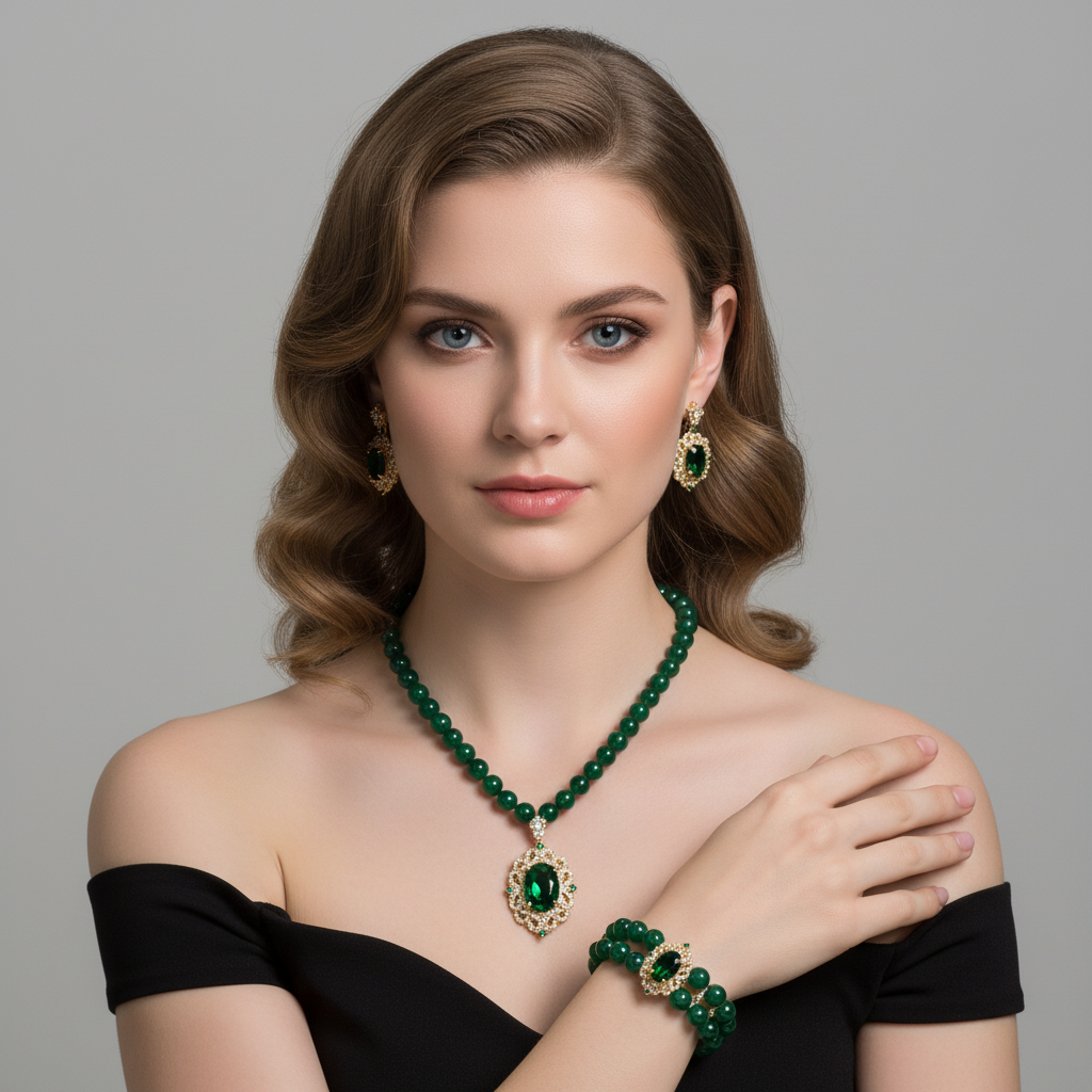 Luxury 14K Gold-Plated Copper Zircon Jewelry Set with Emerald Beads & Ruby Focal Gems
