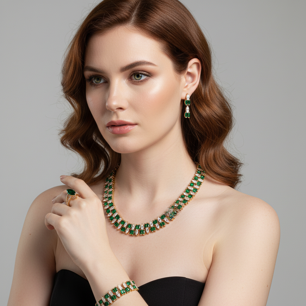 14K Gold-Plated Copper Zircon Jewelry Set with Red & White CZ Alternating Design