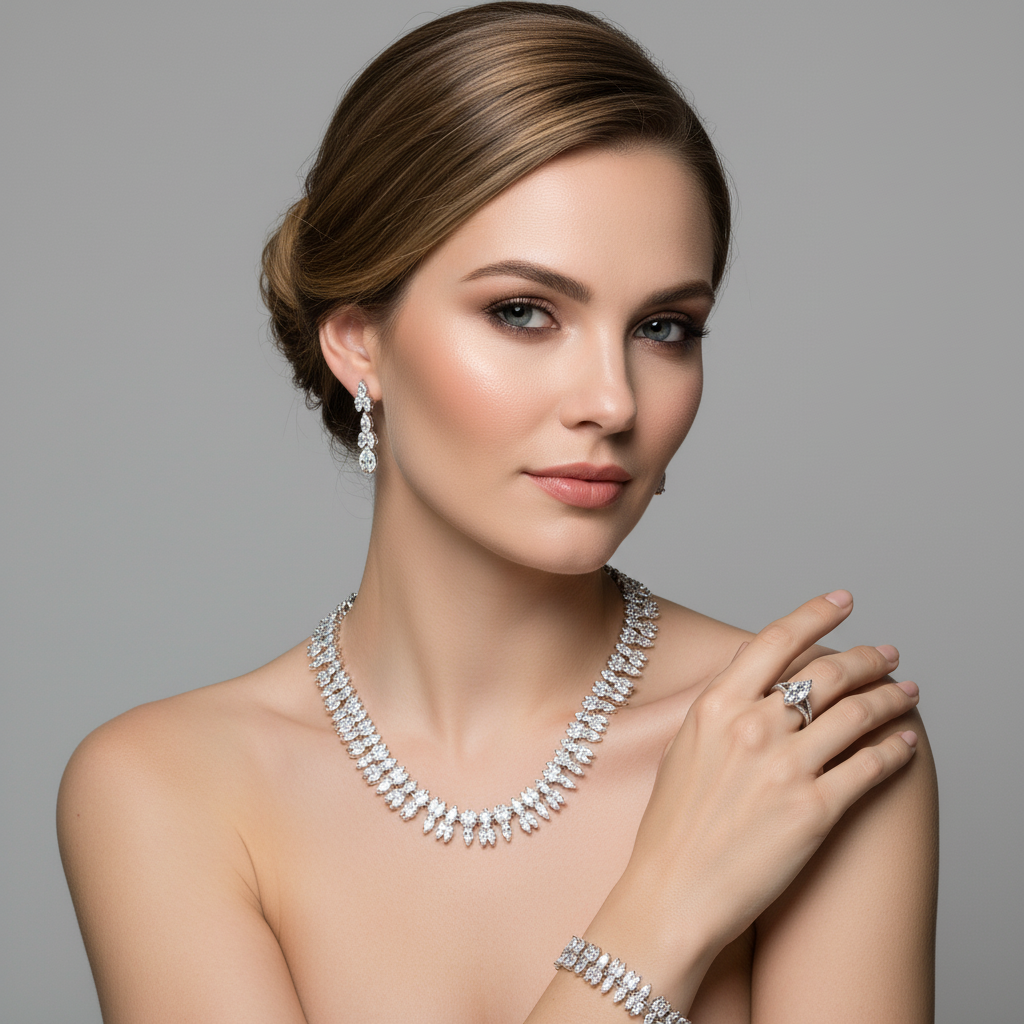 14K Gold-Plated Copper Zircon Jewelry Set with Red & White CZ Alternating Design