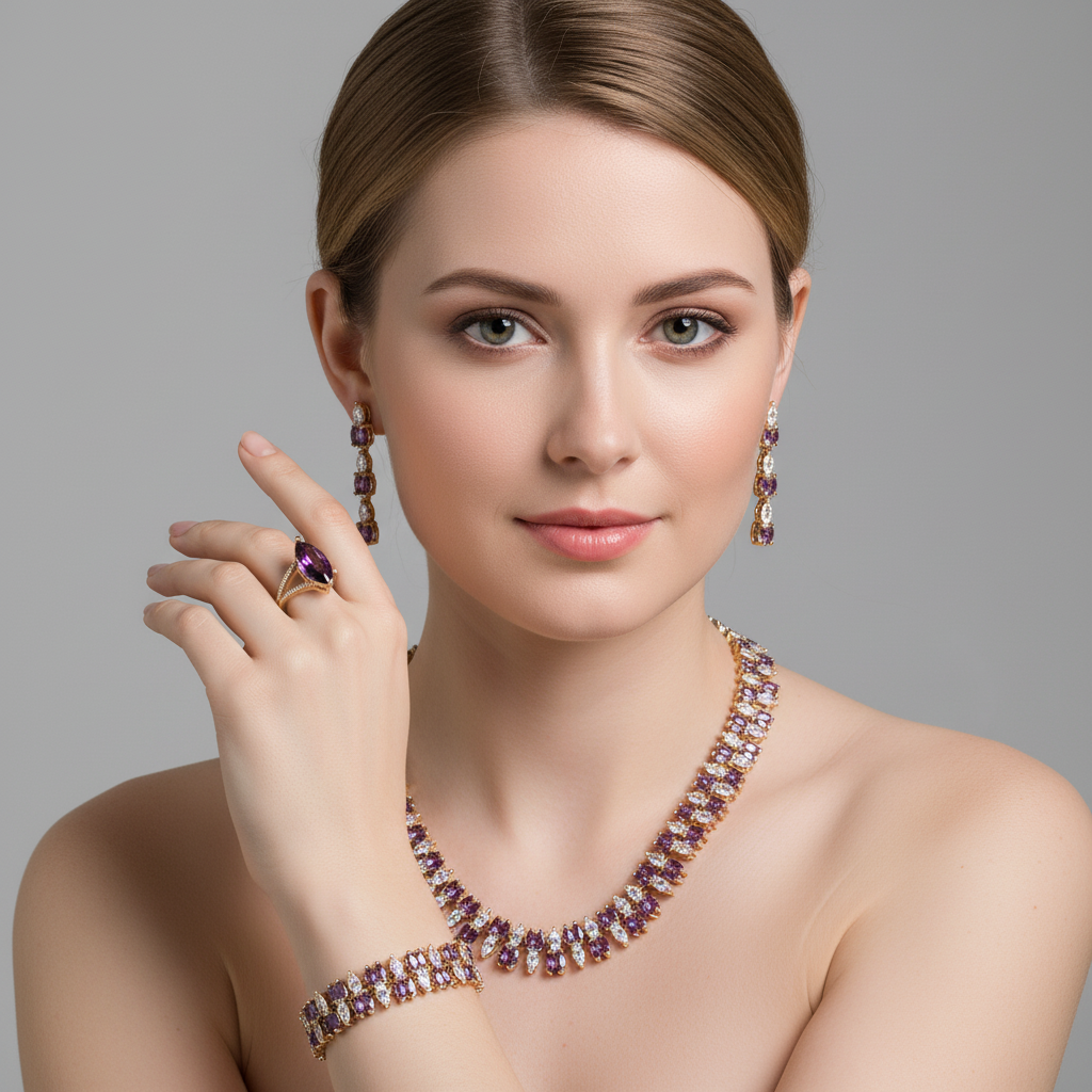 14K Gold-Plated Copper Zircon Jewelry Set with Red & White CZ Alternating Design