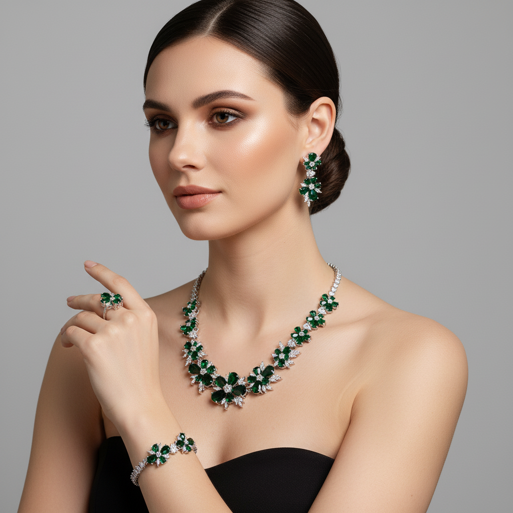 Elegant 14K Gold-Plated Copper Zircon Floral Jewelry Set with Red & Clear CZ Blossoms