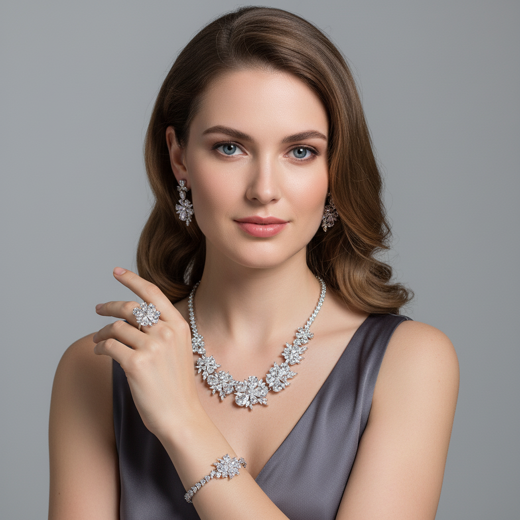 Elegant 14K Gold-Plated Copper Zircon Floral Jewelry Set with Red & Clear CZ Blossoms