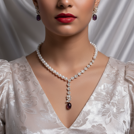 Dangling Pearls With Flower Shaped CZ Necklace Earrings Sets Hot Sale