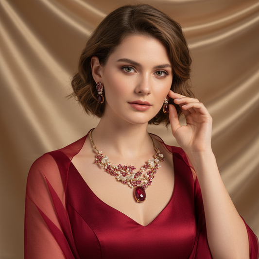 Vintage Flower Shaped Synthetic Zirconia Embellished Necklace Earrings Jewelry Set