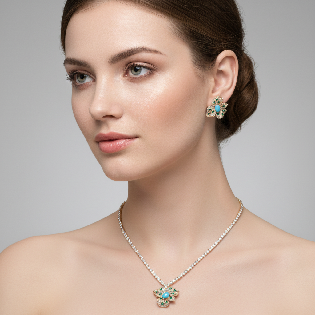Elegant Floral Copper & Cubic Zirconia Necklace & Earring Set with Pink and Red Gemstone Accents