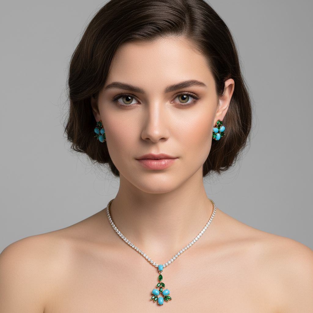 Luxury 14K Gold-Tone Copper & Cubic Zirconia Necklace & Earring Set with Floral Motif and Yellow Central Gemstone