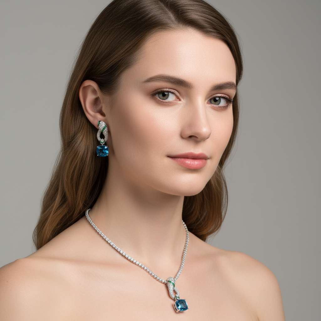Elegant Rhodium-Plated Copper & CZ Jewelry Set with Amethyst and Emerald Accents