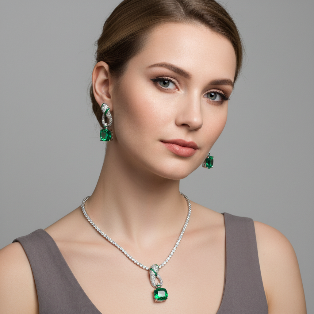 Elegant Rhodium-Plated Copper & CZ Jewelry Set with Amethyst and Emerald Accents
