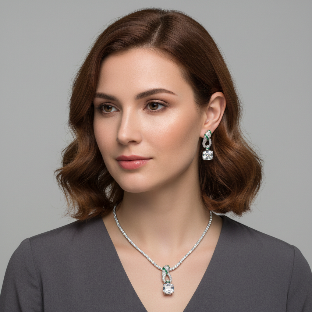 Elegant Rhodium-Plated Copper & CZ Jewelry Set with Amethyst and Emerald Accents